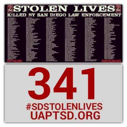 Update uaptsd.org is up to 341 documented killings by every branch of law enforcement in San Diego County. Just recently, the coroners reported to the family of #LamontezJones killed on 10/20/15 is the 2014th death. Still digging, still demanding for transparency, accountability, and Justice#SDSTOLENLIVES